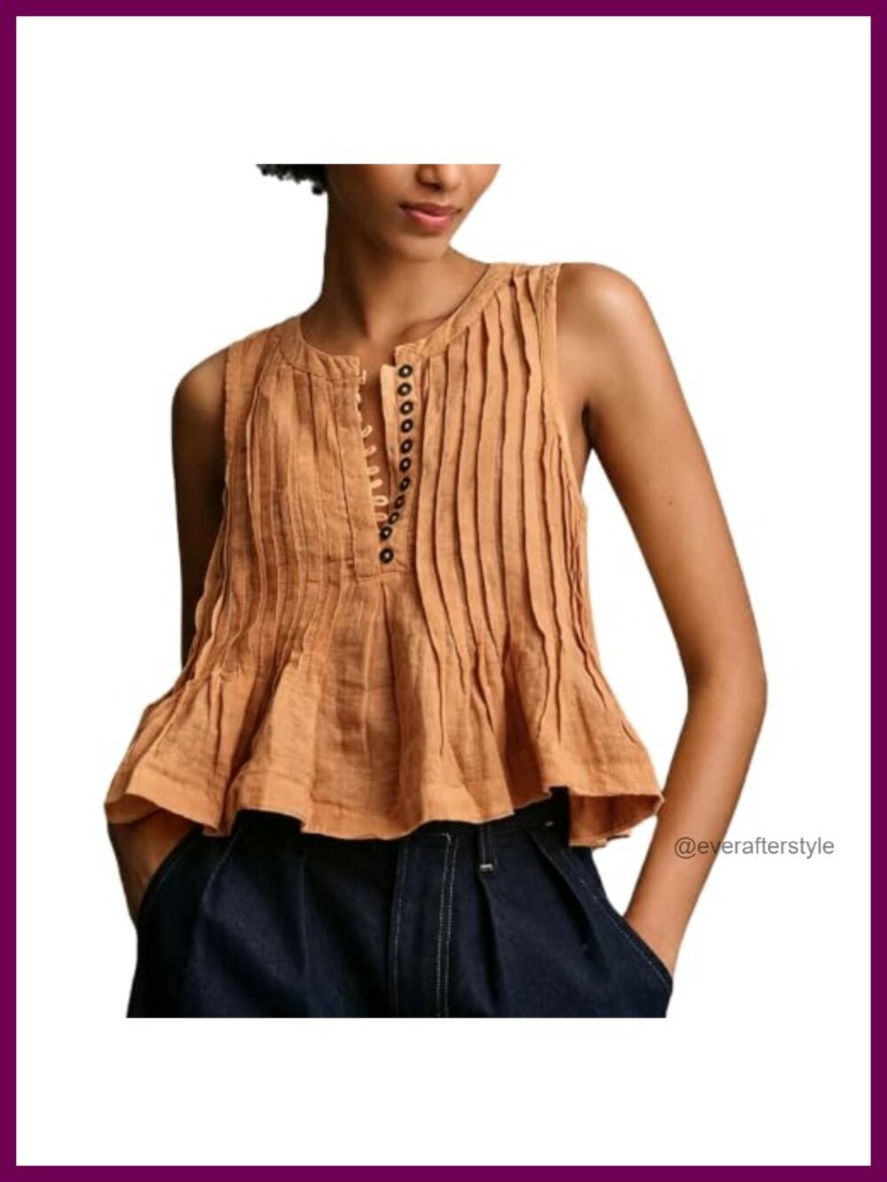 Pleated Henley Neck Sleeveless Tank Top Ruffle Hem Boho Blouse